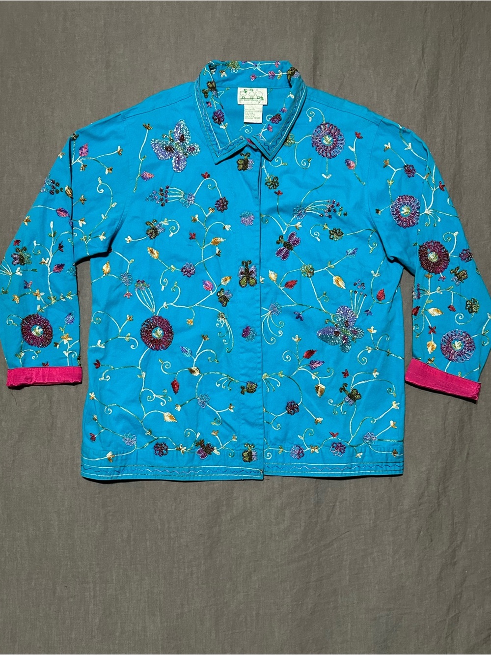 The Quacker Factory Embroidered Turquoise Floral Jacket with Pink Cuffs